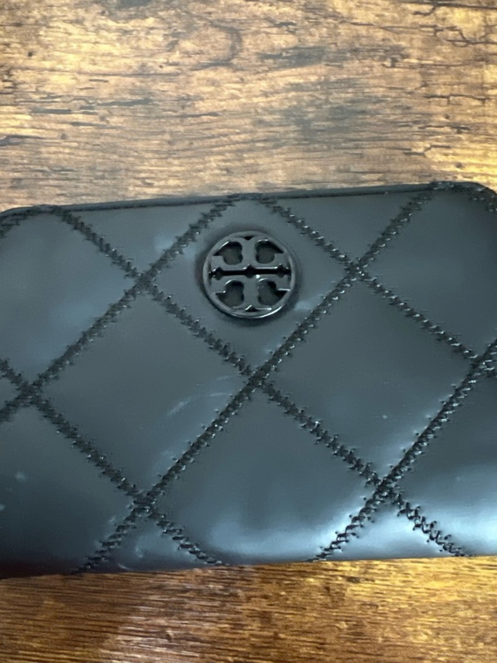 Tory Burch Black Quilted Patent Wallet with Logo